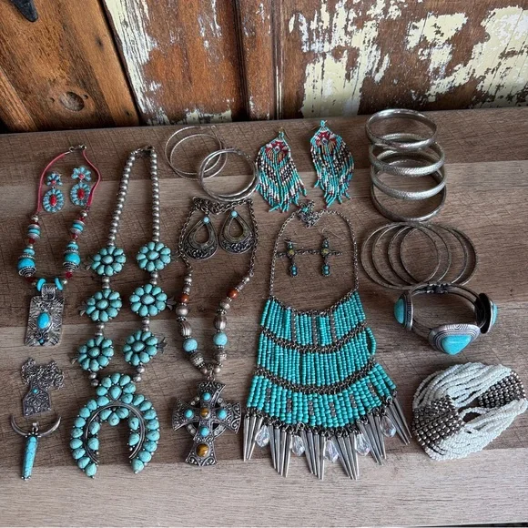 28 Piece Western Statement Jewelry Bundle - Squash Blossom Bracelets Earrings - Picture 1 of 13